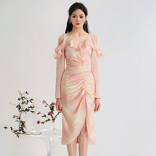 CHECOCRE Elegant Pink Smudge Sexy Off-the-shoulder Slit Midi Dress - CHERRY