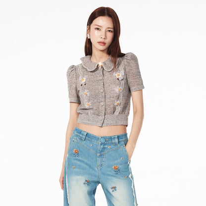 FAME beaded ruffled collar knitted slim top short cardigan- BALDWIN
