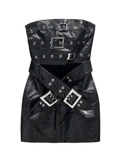 ANNAKIKI Niche designer black leather strappy bandeau dress-YUQI