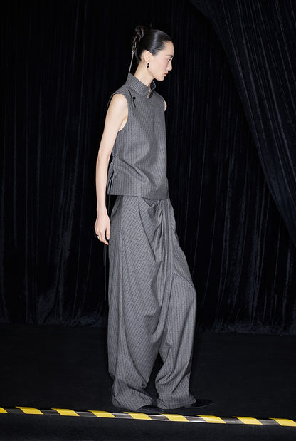 M essential Mackay designer label sand diamond grey stripe diamond buckle drawstring vest - ZING.