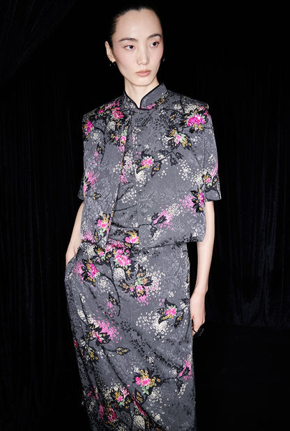 M essential Mackay designer cherry blossom print beads down short vest - LAND.