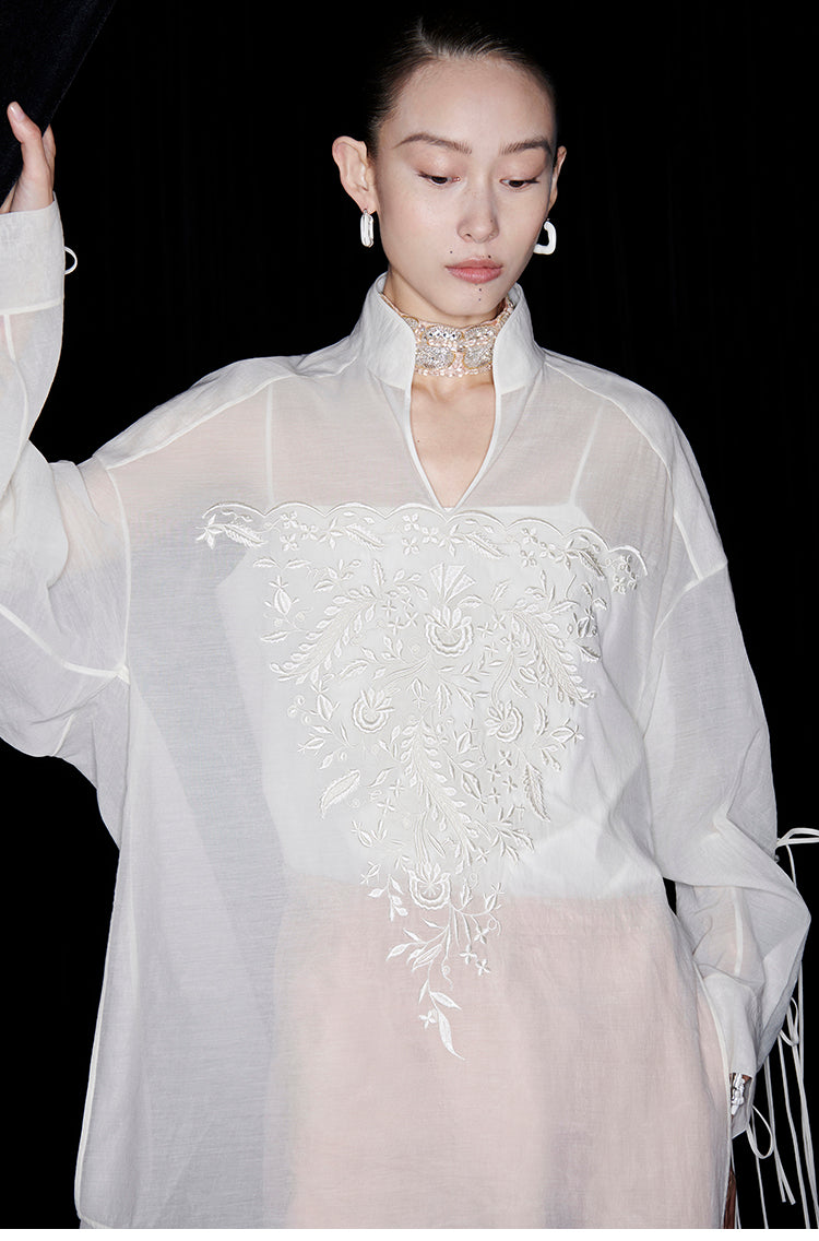 M essential Mackay designer soft-paper pale overshirt with pavement embroidery - serious.