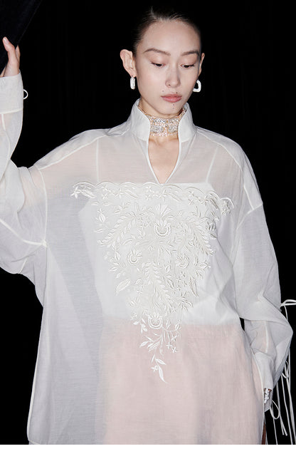 M essential Mackay designer soft-paper pale overshirt with pavement embroidery - serious.