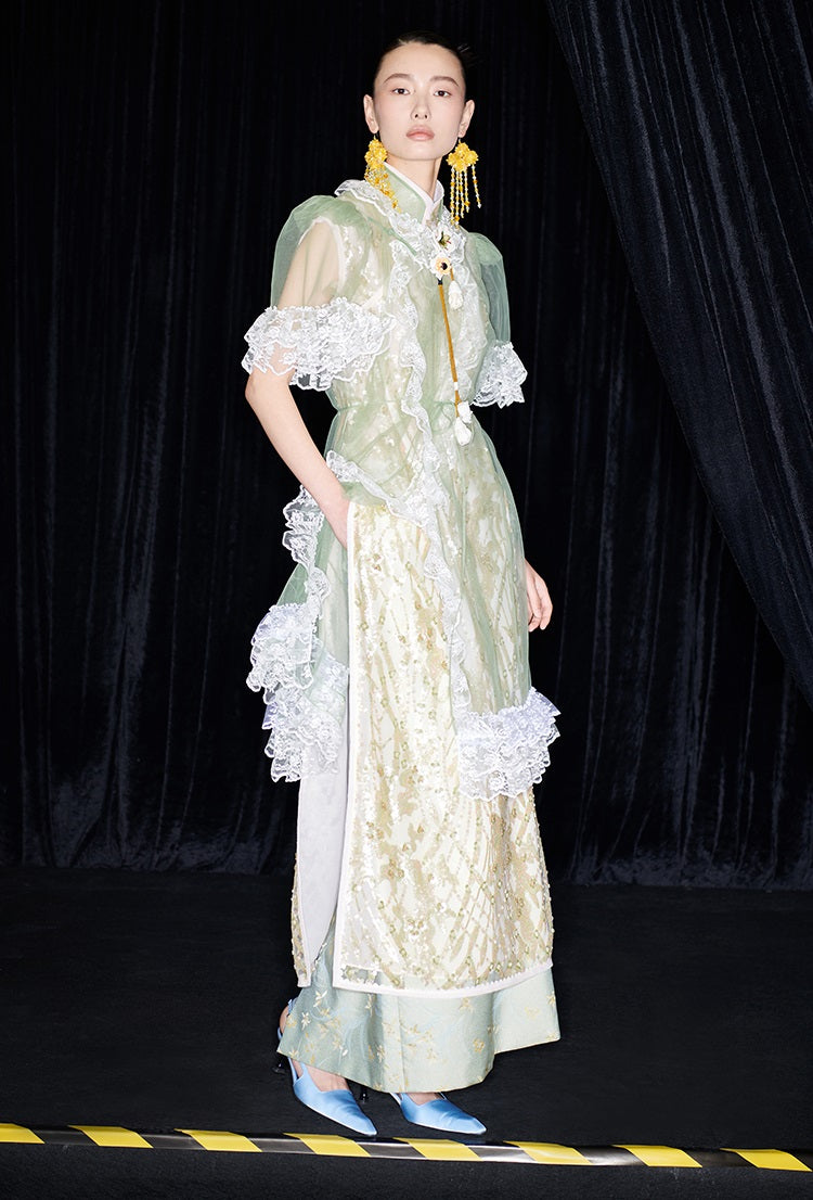 M essential Mackay designer Ear Mesh lace welt stand-up collar dress - DOUNT.