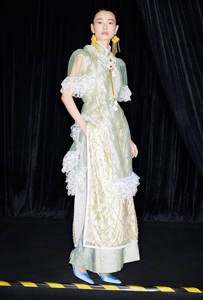 M essential Mackay designer Ear Mesh lace welt stand-up collar dress - DOUNT.