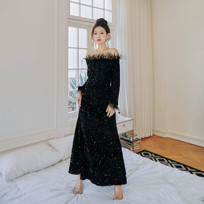 DOLLY Luxury Black Off Shoulder Feather Sequin Tube Top Long Evening Dress-LORELEI