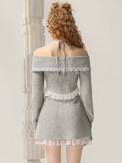 CHECOCRE Stubble Pure Desire Off-Shoulder Sweatshirt Two-Piece mini skirt Set - WENDEL