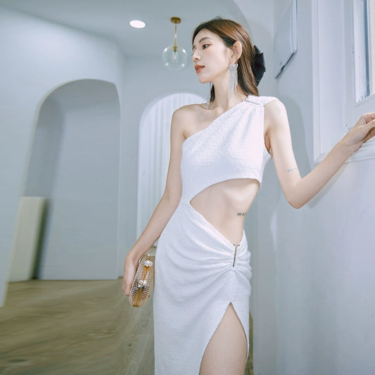 DOLLY Luxury Slopping Shoulder Sleeveless Waist Baring Sexy Cocktail Dress-AGAPE