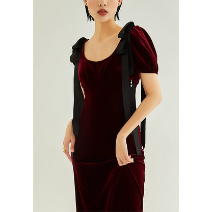 GOUDIN female burgundy velvet long high-end banquet evening dress-LIAM.