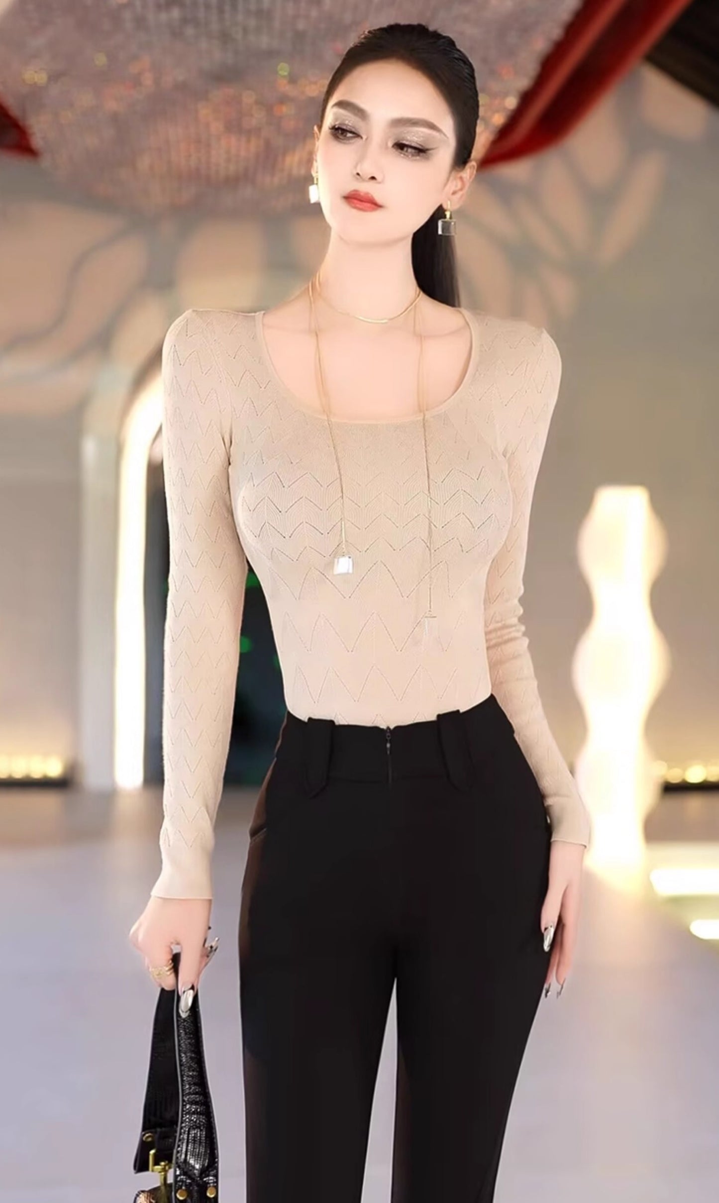 VJE  Crew Neck Chic Crochet Slim Bottom Long Sleeve Top - DIDI.