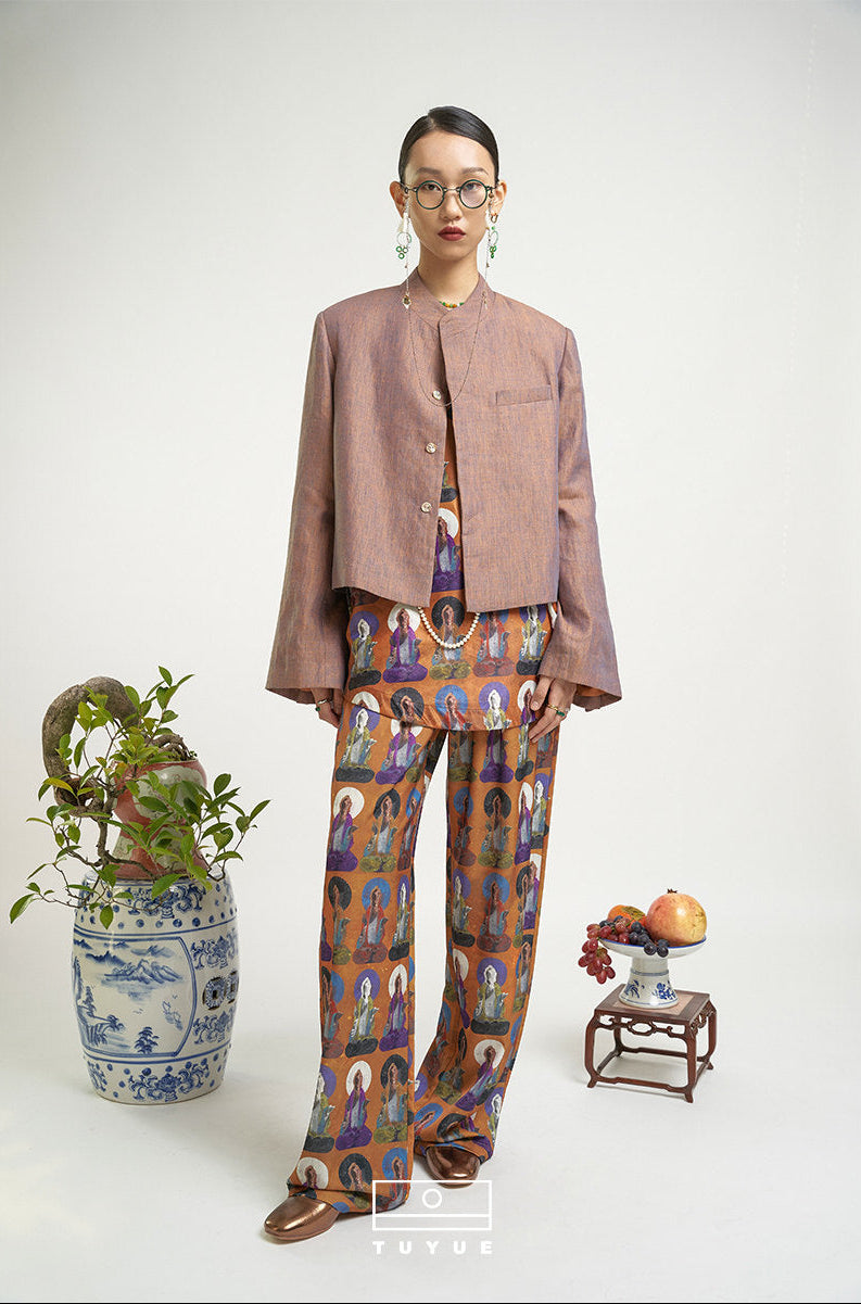 TUYUE Dunhuang mural satin print suit wide-leg pants- NICKY.