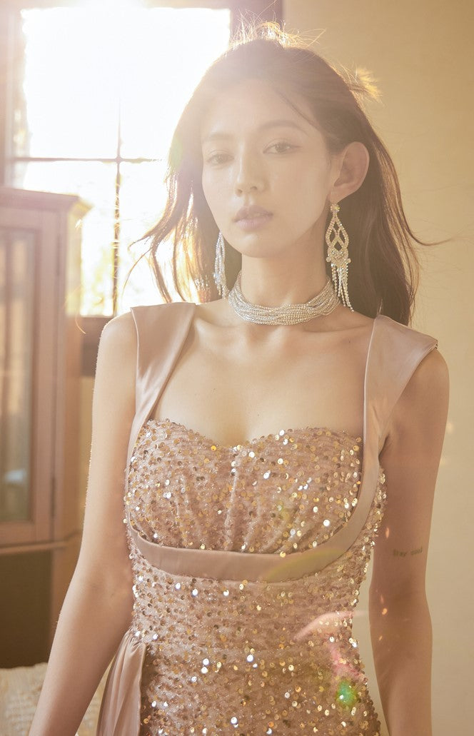 DOLLY Elegant Satin Glittering Sleeveless Stitch Long Fishtail Dress-SALLY