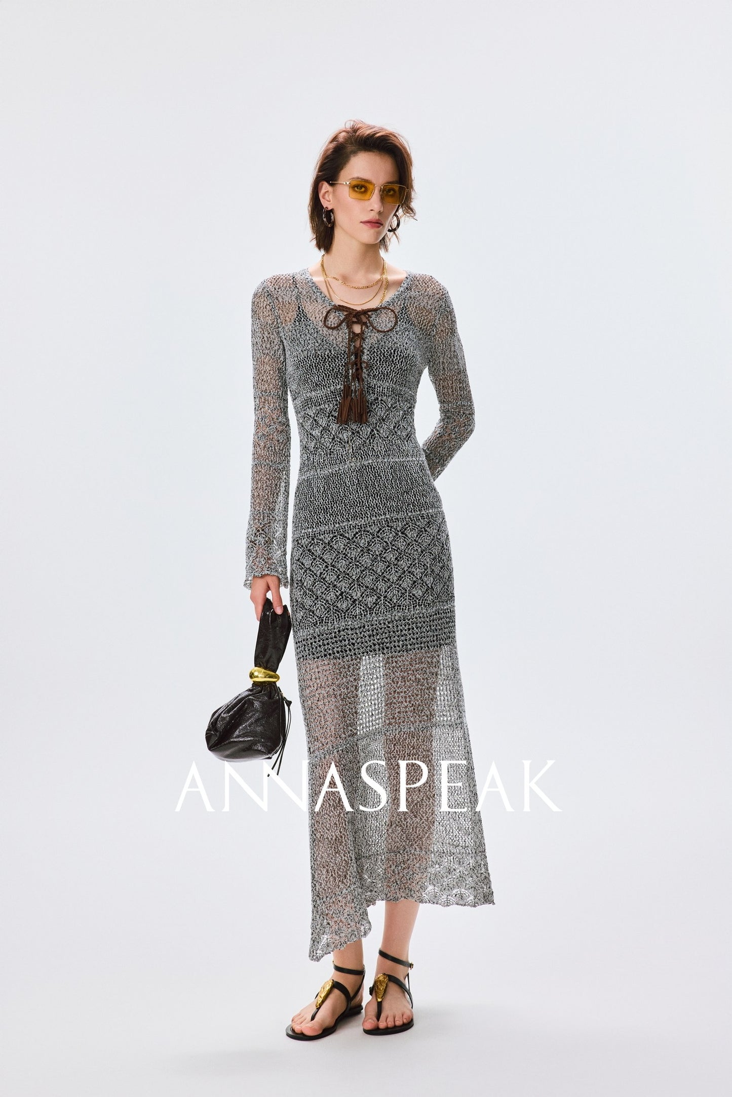 ANNASPEAK Fringe Lace-up Slim Knit Dress- CHACHA.