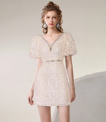 CHECOCRE summer new high-end fashion puff sleeve nail diamond dress - ROAR.