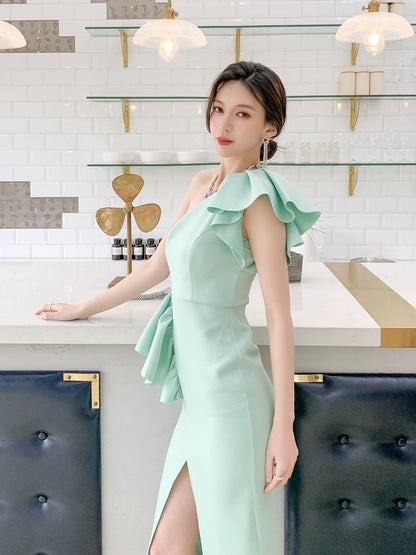 DOLLY Elegant Mint Green Slopping Shoulder Short Sleeve Long Wedding Guest Dress-RUKA