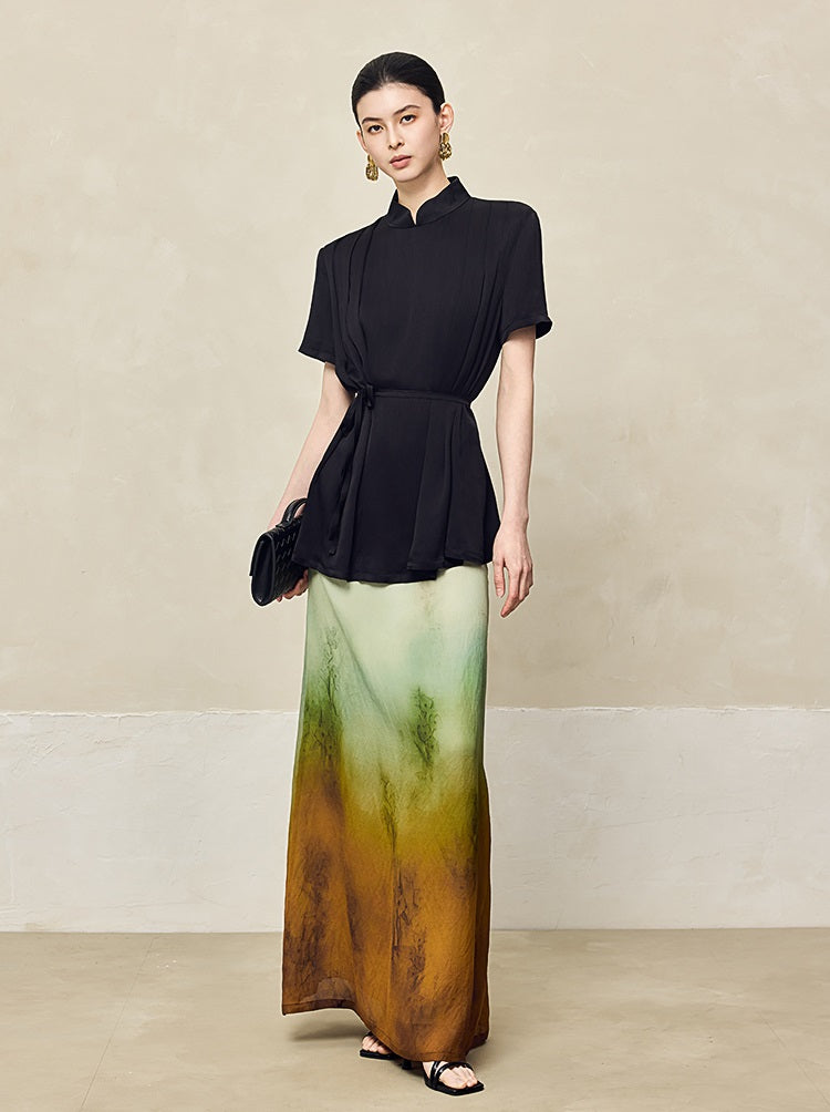 HECO acetate press-pleated cinched waist black white texture t-Shirt - NONE.