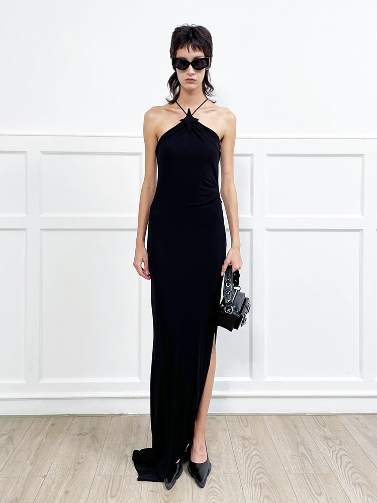 ANNAKIKI suspender fishtail slit dress halterneck dress-REI