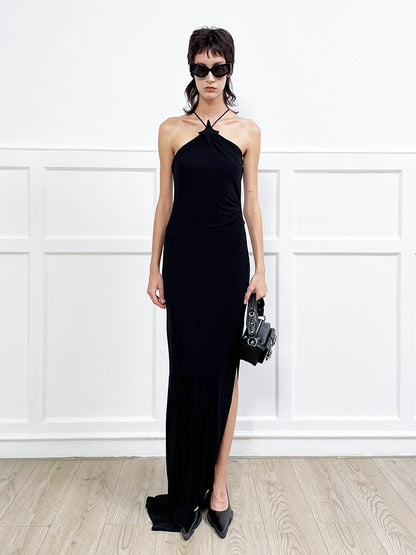 ANNAKIKI suspender fishtail slit dress halterneck dress-REI