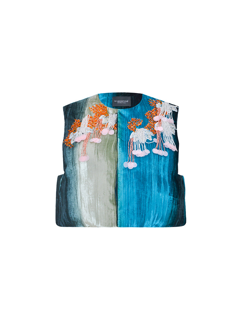 M essential Mackay designer hand-painted velvet tassel-embellished gilet - Quilse.