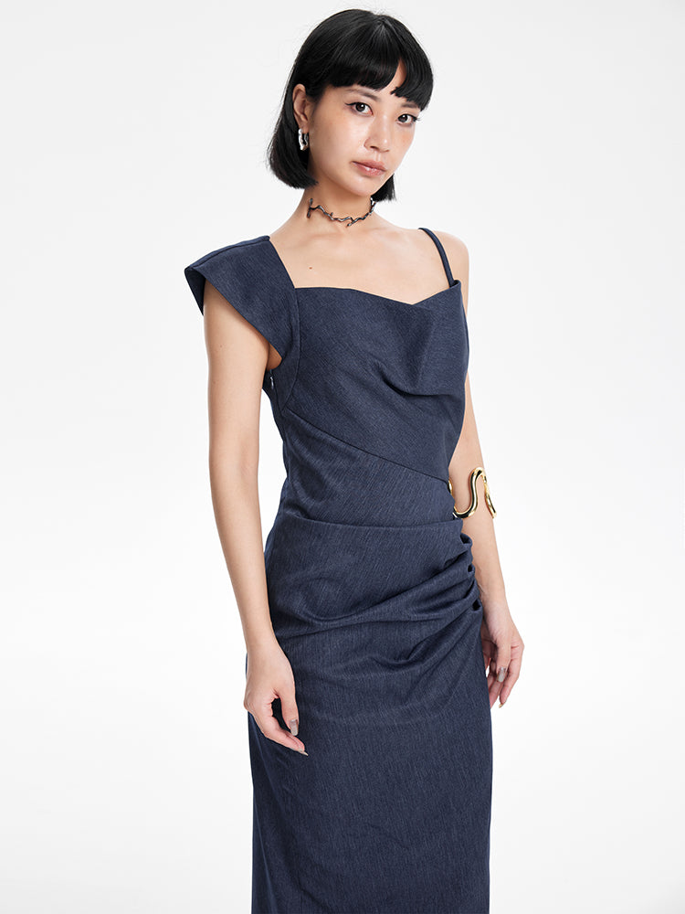 TINY IN irregular slanted shoulder slip slit long dress-GANS