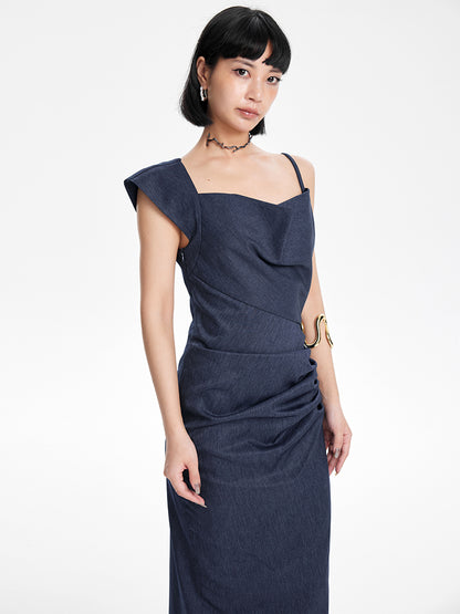 TINY IN irregular slanted shoulder slip slit long dress-GANS