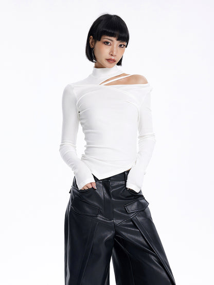[20% OFF] TINY IN irregular cut-out off-the-shoulder long-sleeved T-shirt temperament slim fit half-neck base layer