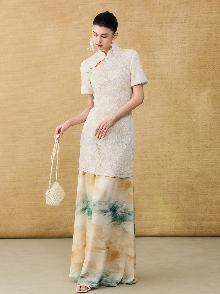 HECO Chinese style short-sleeved embossed flower summer cut-out short dress- TEMIRO.