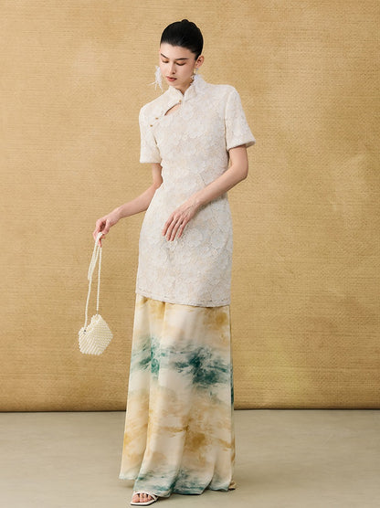 HECO Chinese style short-sleeved embossed flower summer cut-out short dress- TEMIRO.