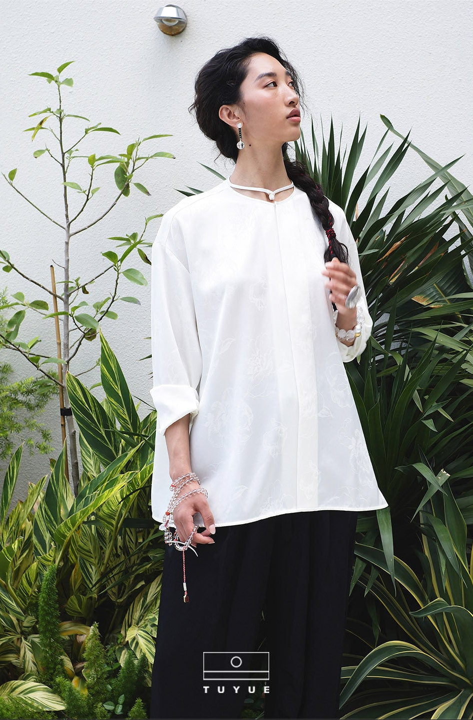 TUYUE White Acetate Satin Jacquard Buckle Shirt- SANDRA.
