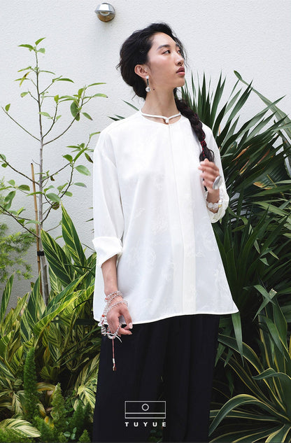 TUYUE White Acetate Satin Jacquard Buckle Shirt- SANDRA.