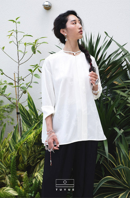 TUYUE White Acetate Satin Jacquard Buckle Shirt- SANDRA.