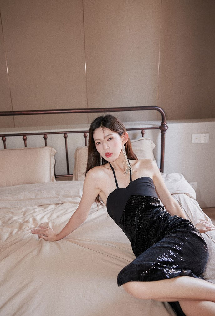 DOLLY Elegant Black Sequin Halter Neck Tube Top Slit Dinner Date Dress-VALENCIA