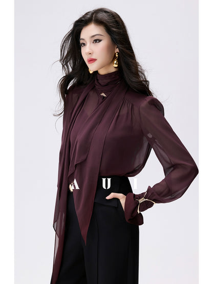 AUI burgundy streamer collar chiffon long-sleeved top -  Nabi
