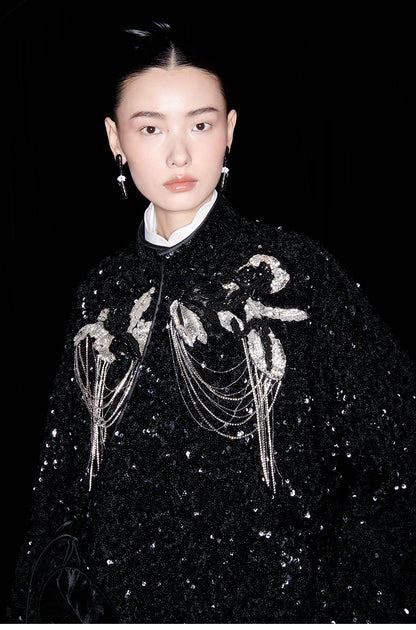 M essential Mackay designer three-dimensional silver orchid catenary beaded jacket - sill.