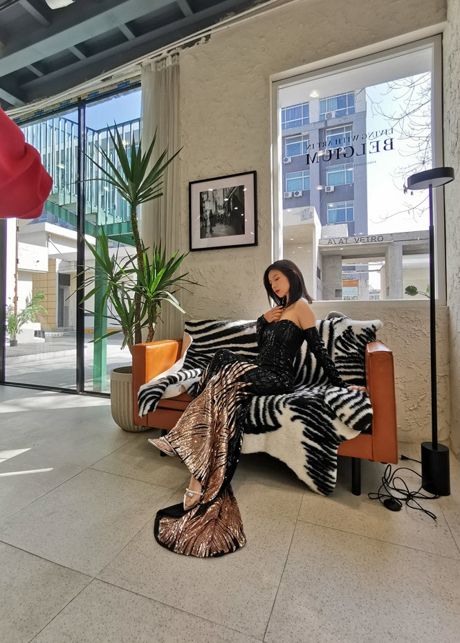 DOLLY High End Black Gold Chest Wrap Long Sleeve Off Shoulder Long Banquet Dress-KANTE