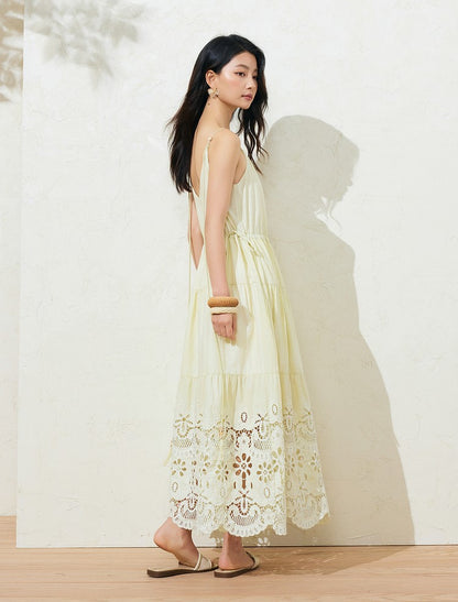 Sushe French Resort Quilted cotton embroidered lace loose A-line long slip dress-LUCY