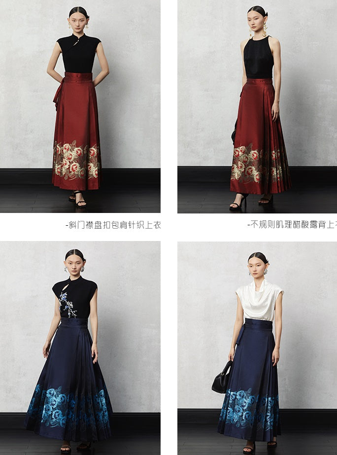 HECO Woven Gold Pattern Blue Horse Face Pleated High Waisted Skirt - tech.