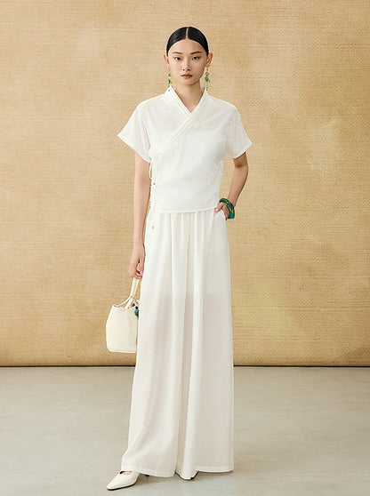 HECO Chinese style summer new slanted V-neck pinch pleated shirt - ASSURE .