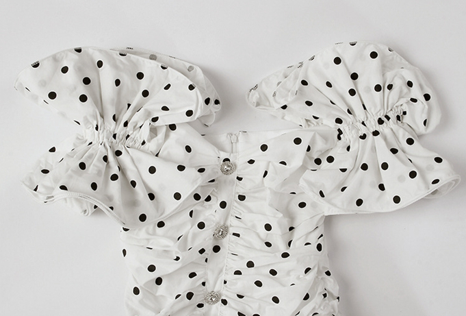 DOLLY Elegant White Off Shoulder Short Puff Sleeve Slim Fit Short Polka Dot Dress-MINA