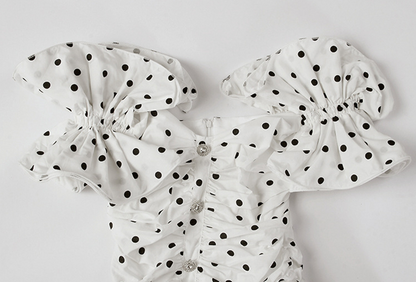 DOLLY Elegant White Off Shoulder Short Puff Sleeve Slim Fit Short Polka Dot Dress-MINA