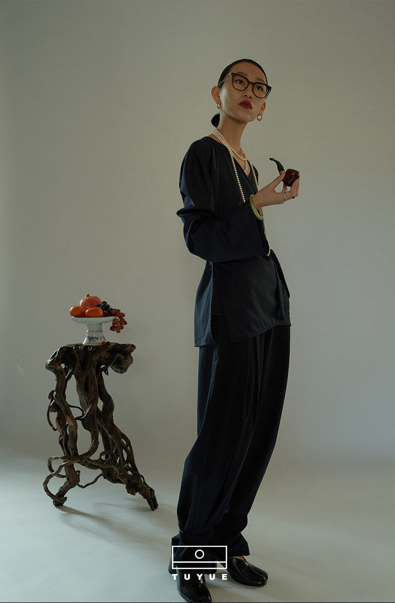 TUYUE Dai blue strappy silhouette leggings casual trousers- ANTHONY.