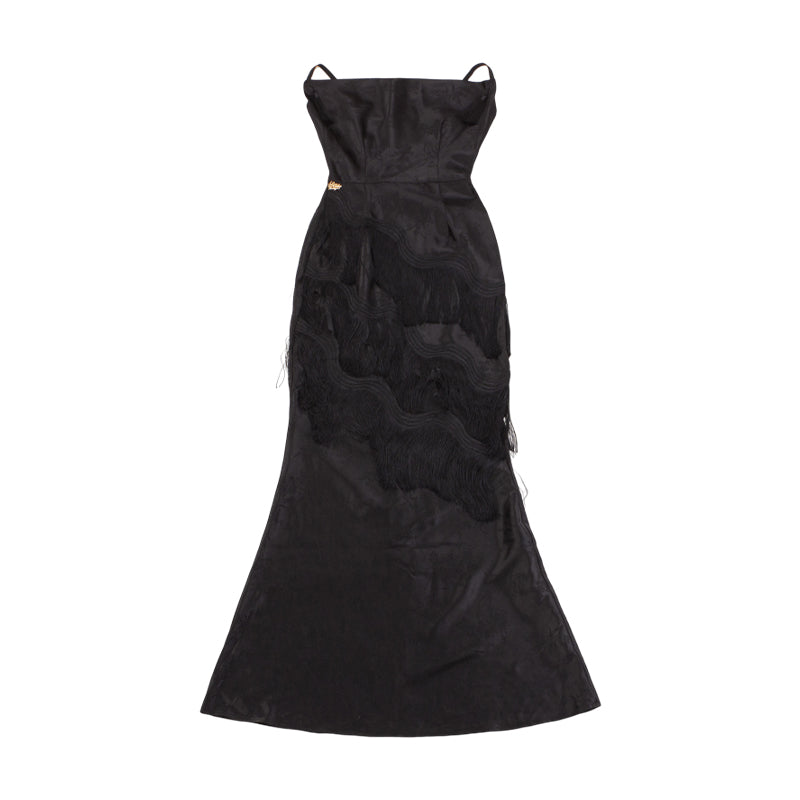 Le Palais Vintage High End sleeveless stain wrapped shirt tassel  sexy long black dress-Alora