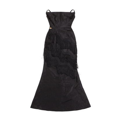 Le Palais Vintage High End sleeveless stain wrapped shirt tassel  sexy long black dress-Alora