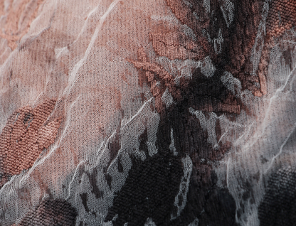 WANGXO | Artistic Ink Smudge Flora Knit Patchwork Contrast Tulle One-Shoulder Fishtail Dress with Flowing Gradient Drama -XINA