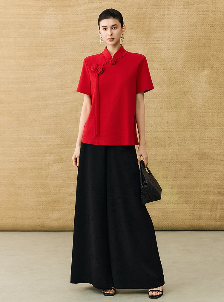 HECO Chinese Handmade Rose Tassel Short Sleeve T-Shirt  - GRADE.