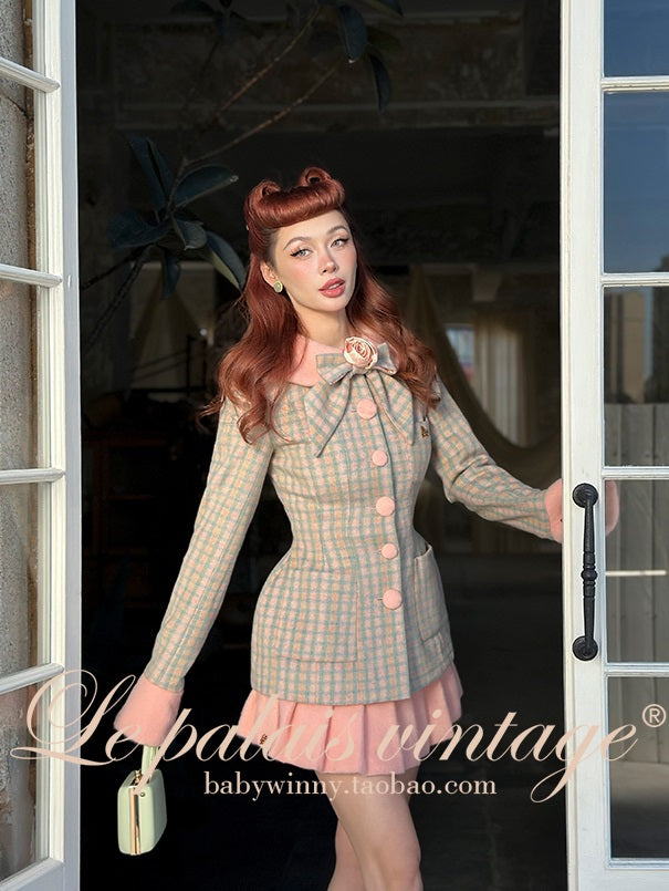 Le Palais Vintage High End Long Sleeves Slim Jacket Bow Tweed Slit Dinner Suit Dress-Carey