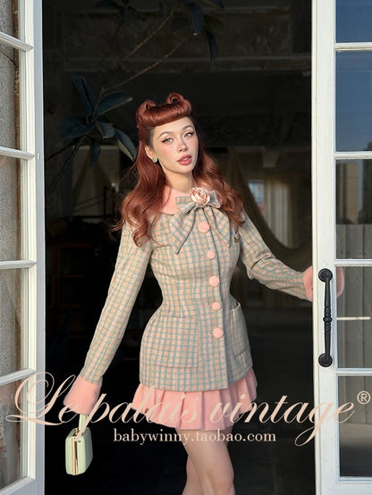 Le Palais Vintage High End Long Sleeves Slim Jacket Bow Tweed Slit Dinner Suit Dress-Carey