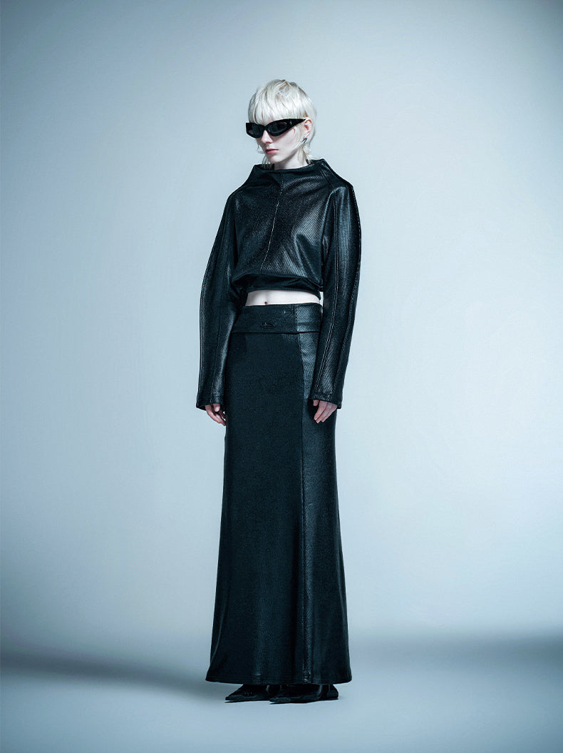 ANNAKIKI designer black folded low-waisted long skirt for women-GRAHAM