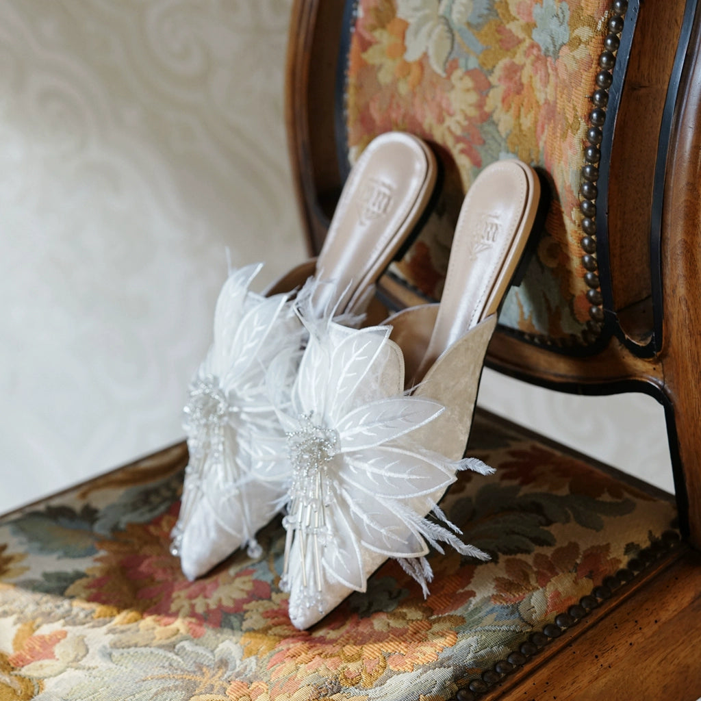 B-FEI white feather flower rhinestone flat mules-ARJO.