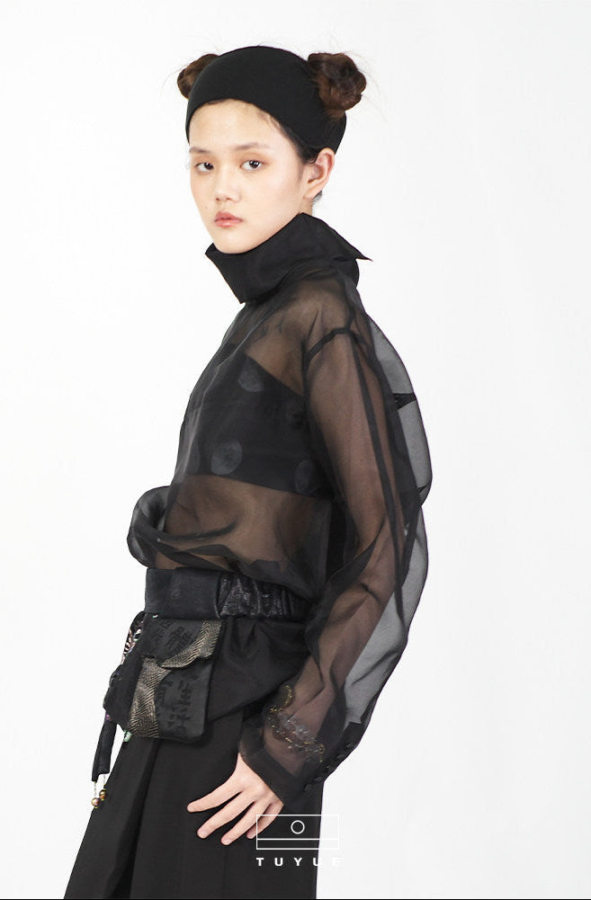TUYUE silk light and transparent breasted long-sleeved shirt- AMBER.